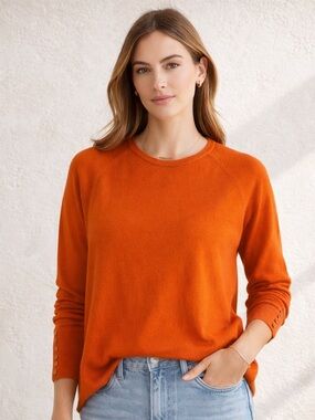 J McLaughlin Modal Cotton Crew Sweater Orange Button Detail Size M
